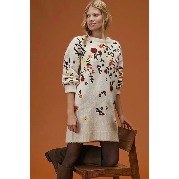 Anthropologie Floral Appliqued Sweater Tunic Dress Alpaca Blend NWT - Picture 4 of 15